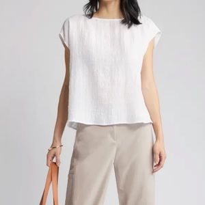 NWT EILEEN FISHER bateau neck gathered boxy top in white XXS